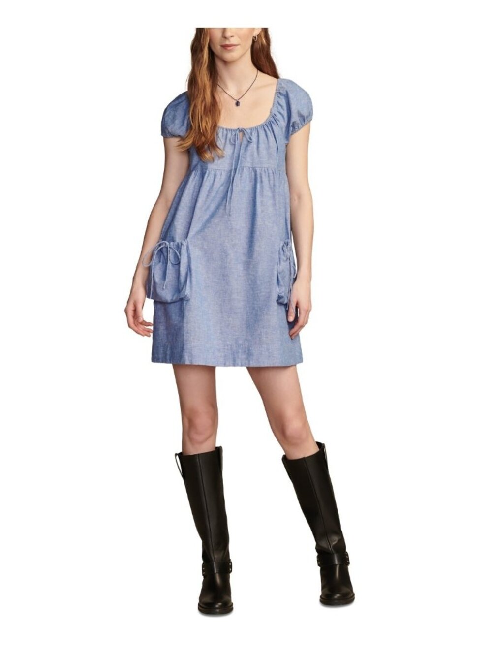 Lucky Brand Scoop neckline Market Puff-Sleeve Shift Cute Dress Size M $99 Blue